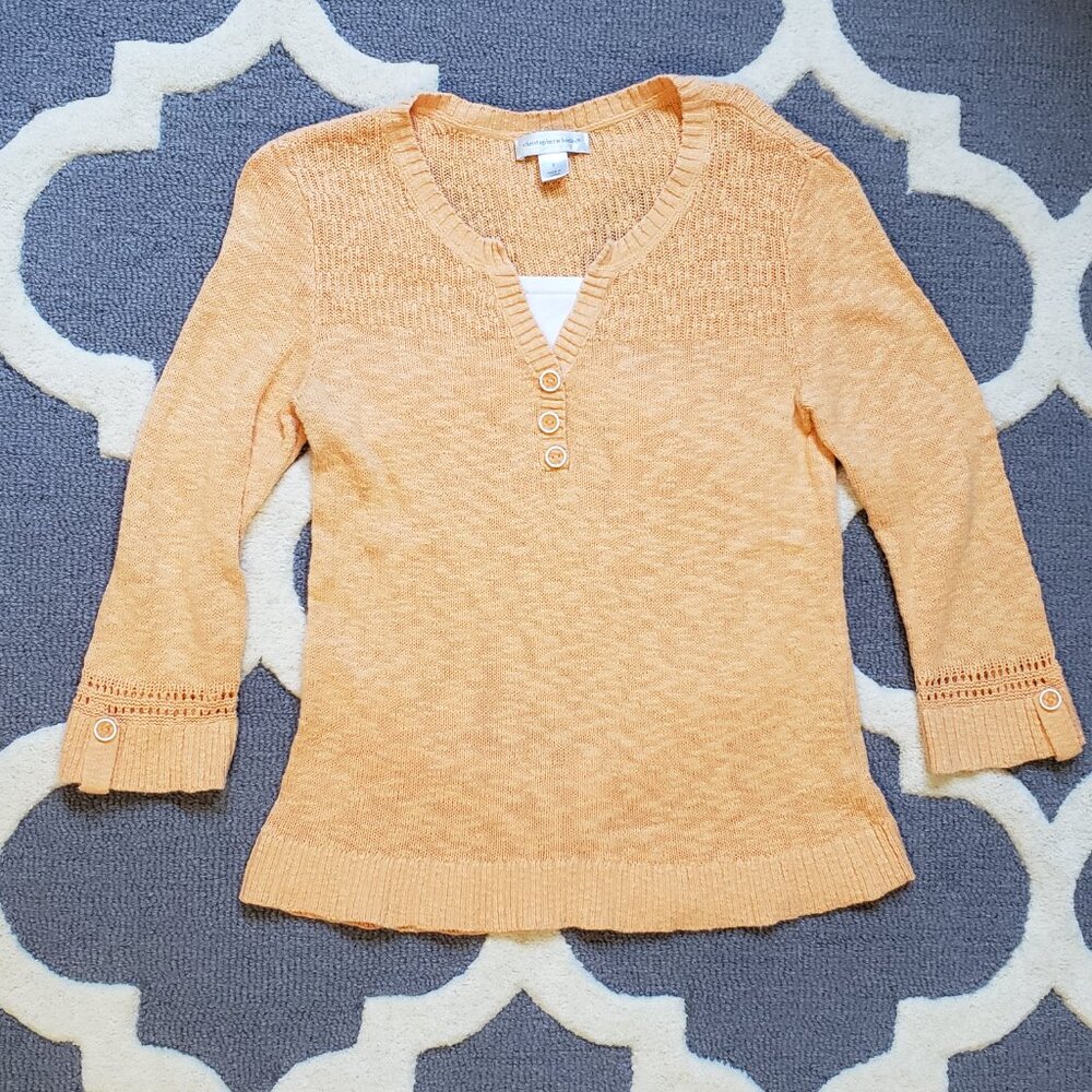 Y2K Vintage Christopher & Banks Orange Henley Sheer Sweater Preppy Small